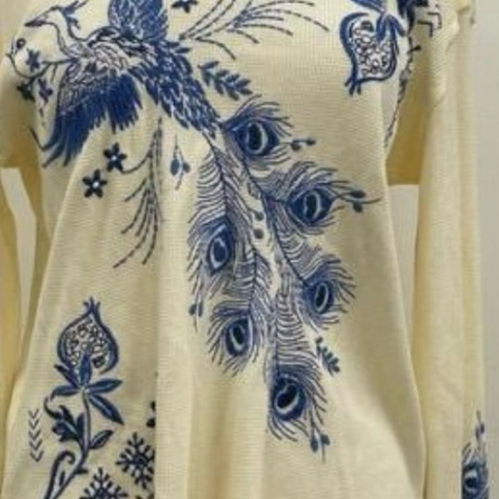 Johnny Was Cream and Blue Peacock Embroidered Shirt NEW WITH TAGS L/S Size small - Picture 4 of 11